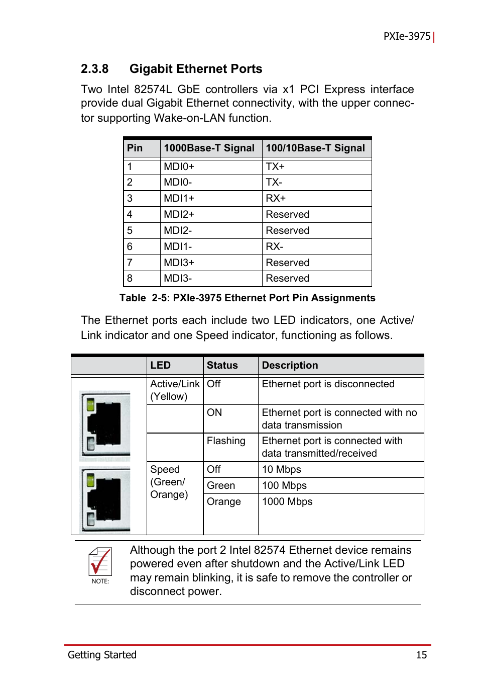 8 gigabit ethernet ports, Gigabit ethernet ports, Table 2-5: pxie-3975 ethernet port pin assignments | ADLINK PXIe-3975 User Manual | Page 27 / 72