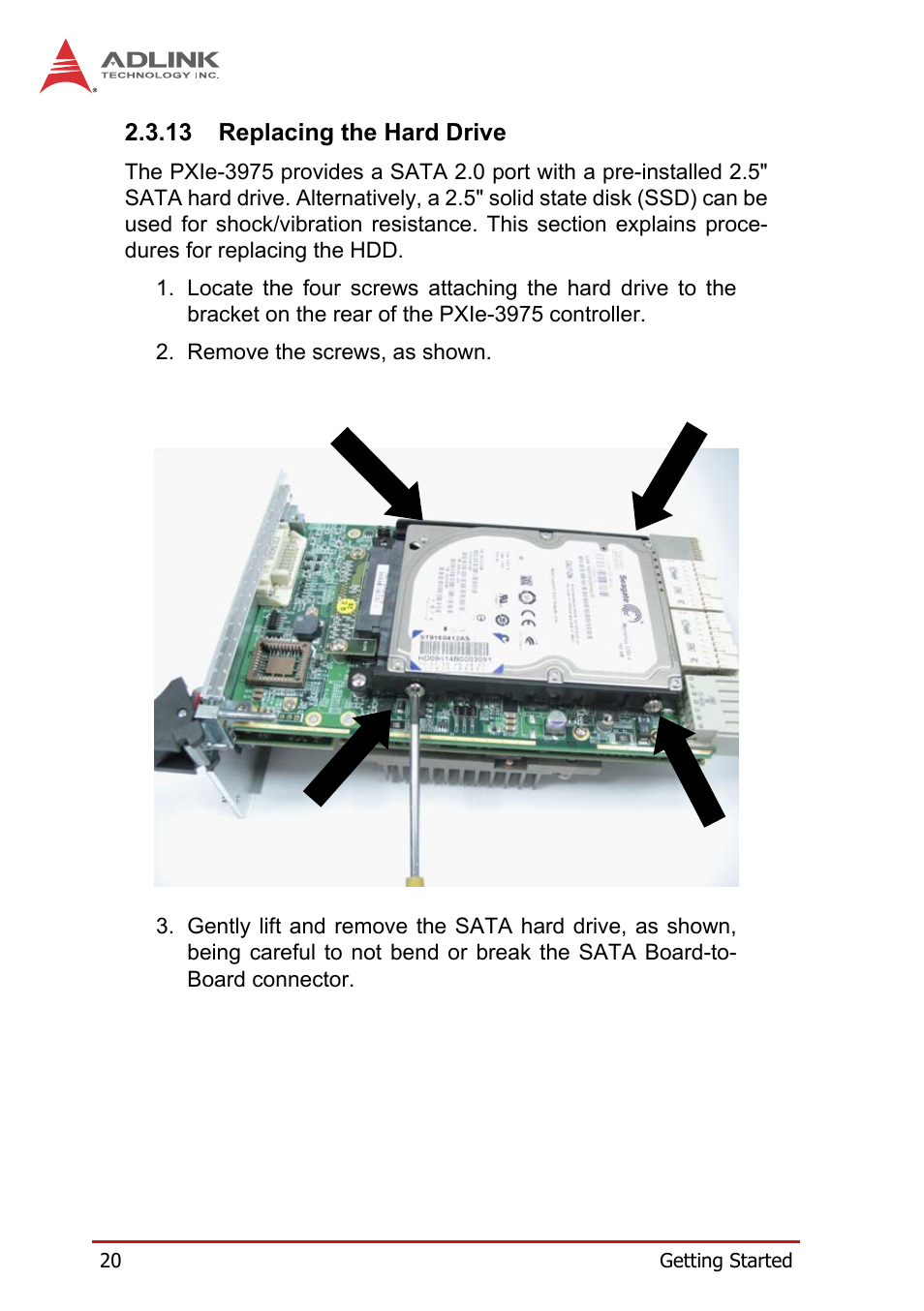 13 replacing the hard drive, Replacing the hard drive | ADLINK PXIe-3975 User Manual | Page 32 / 72