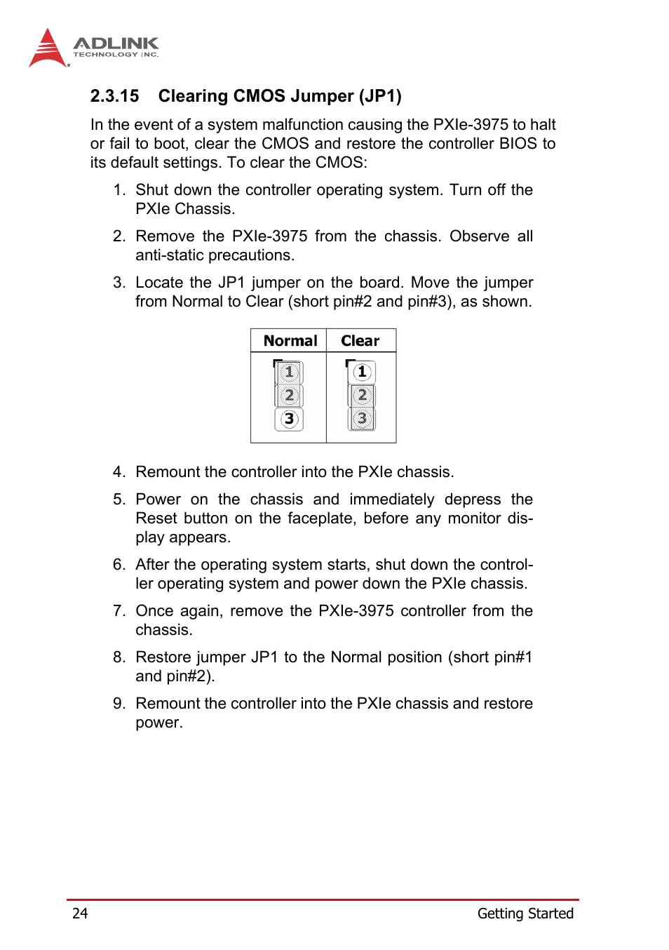 15 clearing cmos jumper (jp1), Clearing cmos jumper (jp1) | ADLINK PXIe-3975 User Manual | Page 36 / 72
