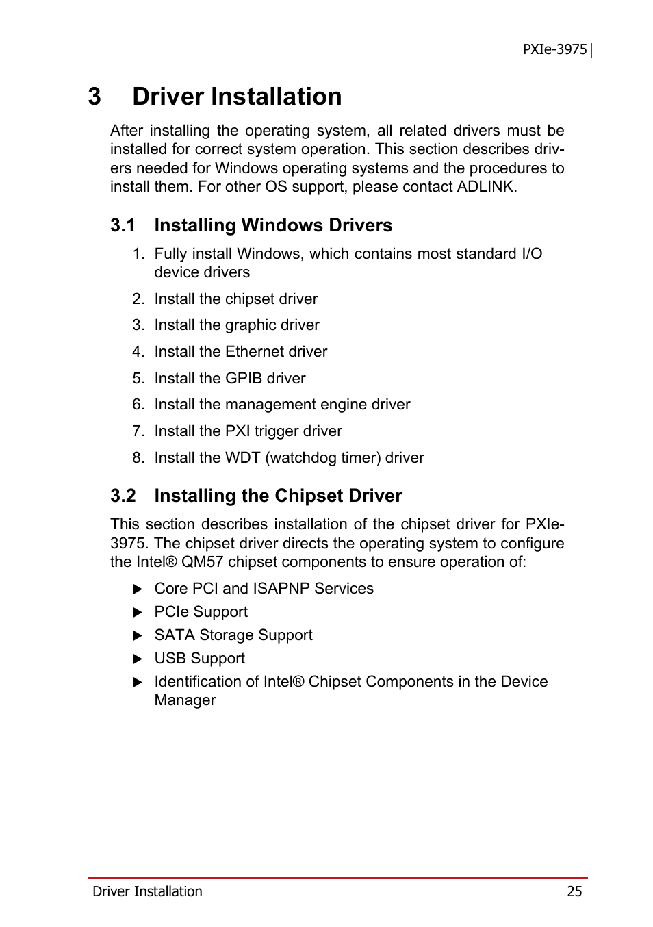 3 driver installation, 1 installing windows drivers, 2 installing the chipset driver | Installing windows drivers, Installing the chipset driver, 3driver installation | ADLINK PXIe-3975 User Manual | Page 37 / 72