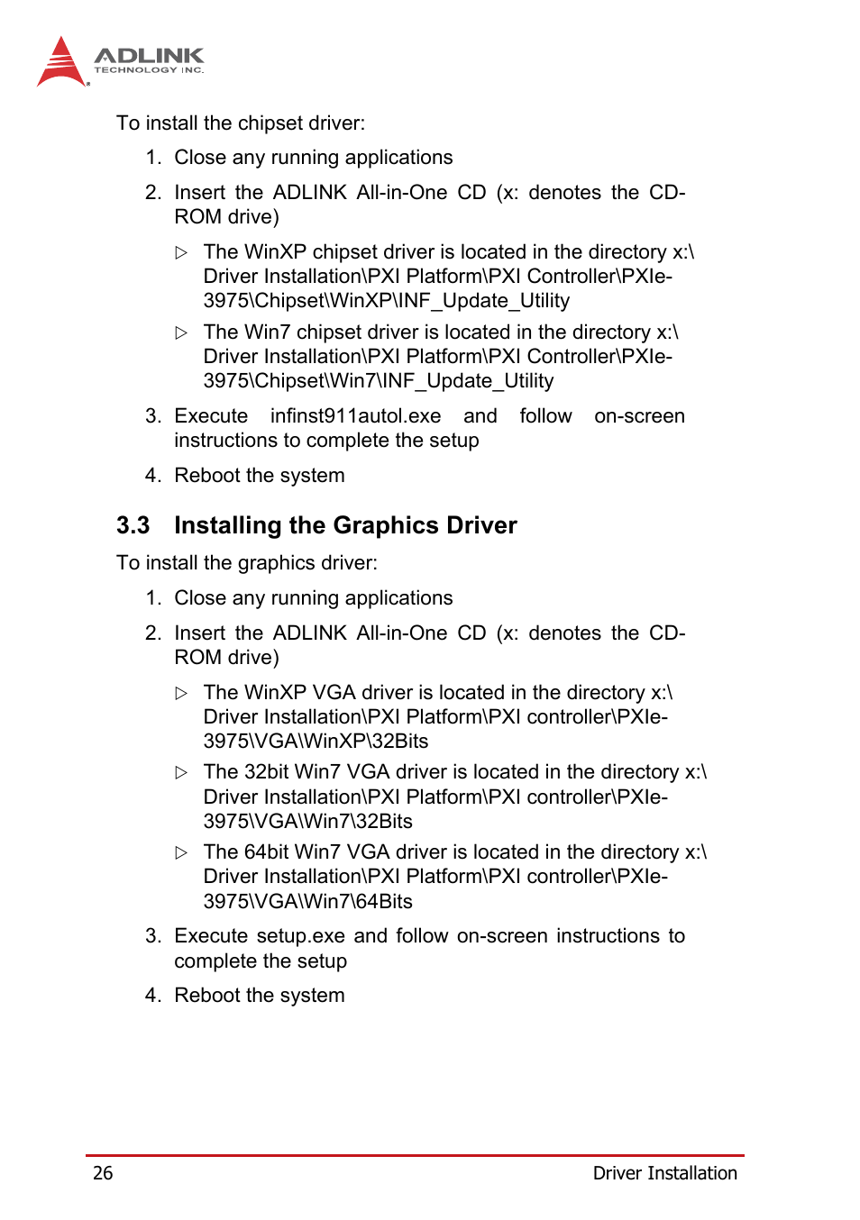 3 installing the graphics driver, Installing the graphics driver | ADLINK PXIe-3975 User Manual | Page 38 / 72