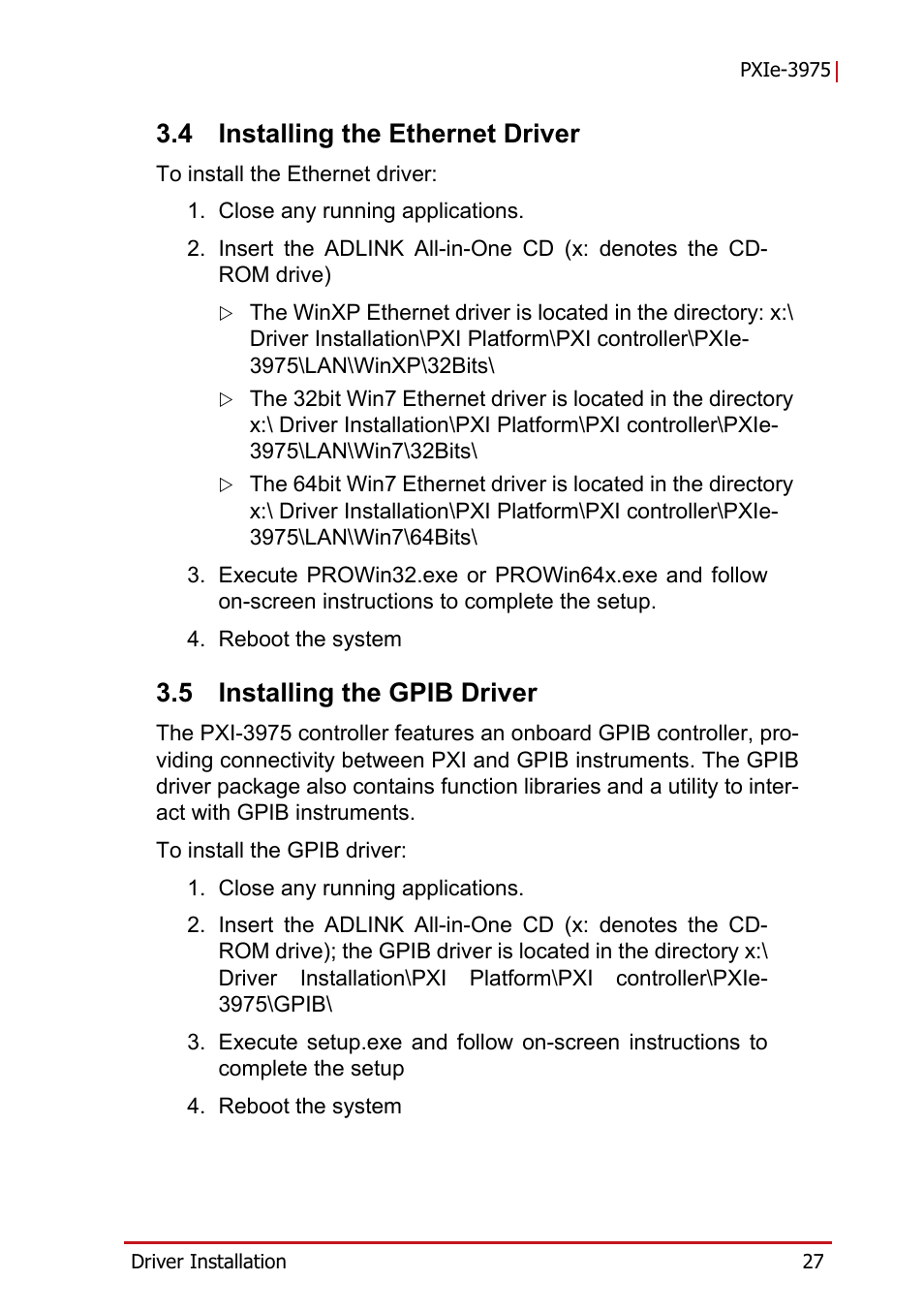 4 installing the ethernet driver, 5 installing the gpib driver, Installing the ethernet driver | Installing the gpib driver | ADLINK PXIe-3975 User Manual | Page 39 / 72