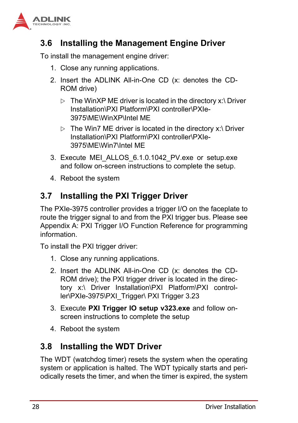 6 installing the management engine driver, 7 installing the pxi trigger driver, 8 installing the wdt driver | Installing the management engine driver, Installing the pxi trigger driver, Installing the wdt driver | ADLINK PXIe-3975 User Manual | Page 40 / 72