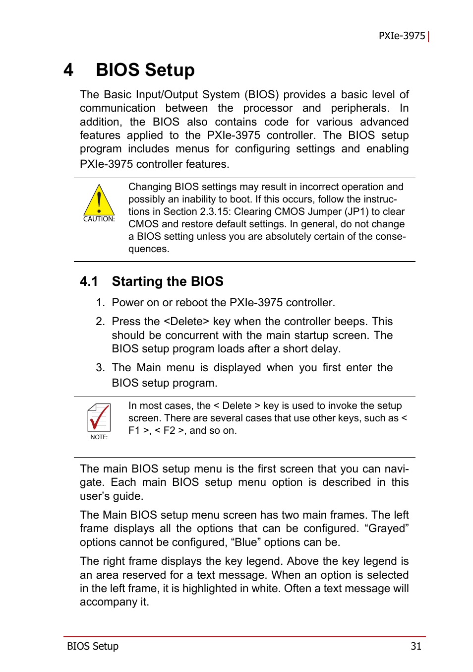 4 bios setup, 1 starting the bios, Starting the bios | 4bios setup | ADLINK PXIe-3975 User Manual | Page 43 / 72
