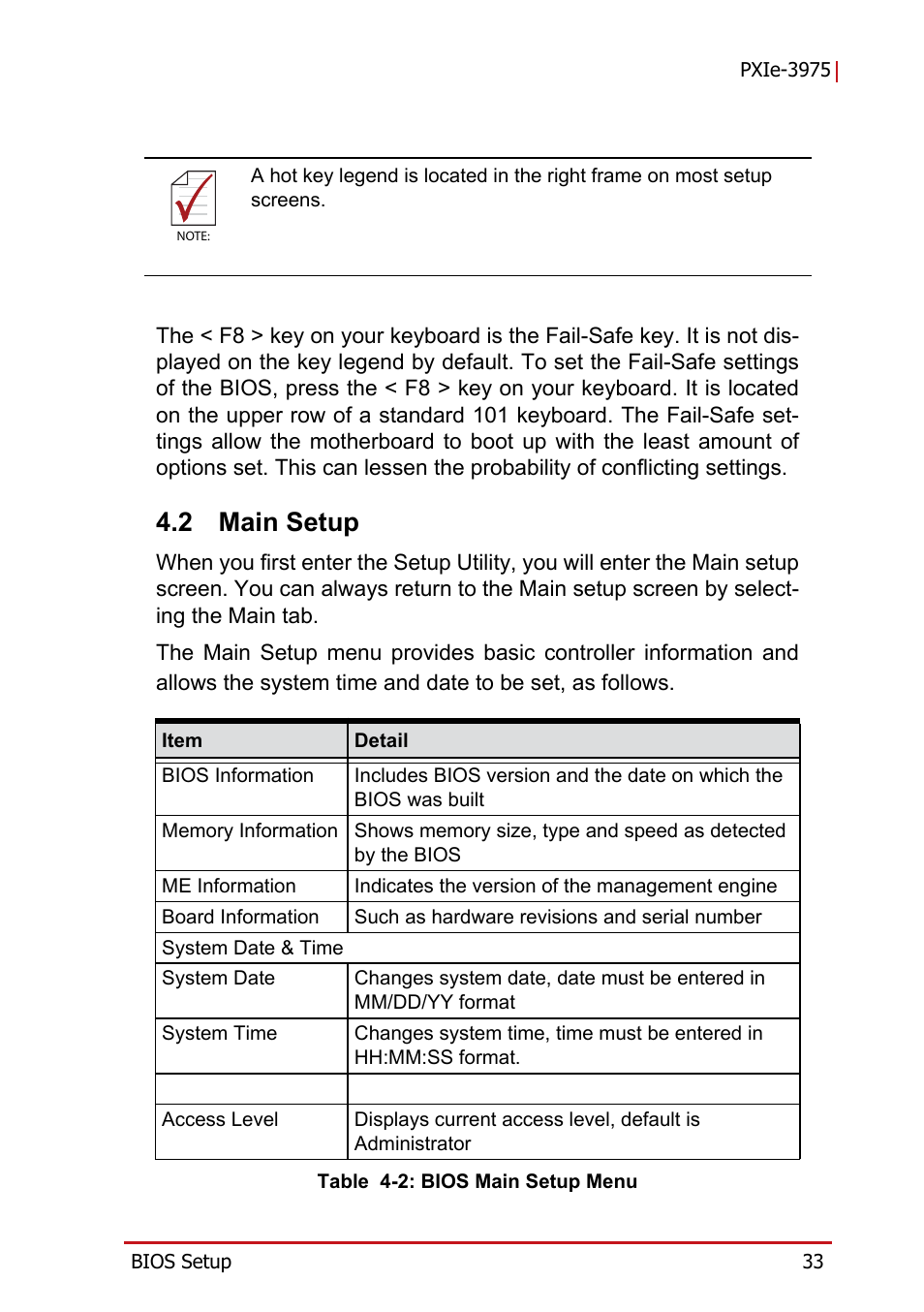 2 main setup, Main setup, Table 4-2: bios main setup menu | ADLINK PXIe-3975 User Manual | Page 45 / 72