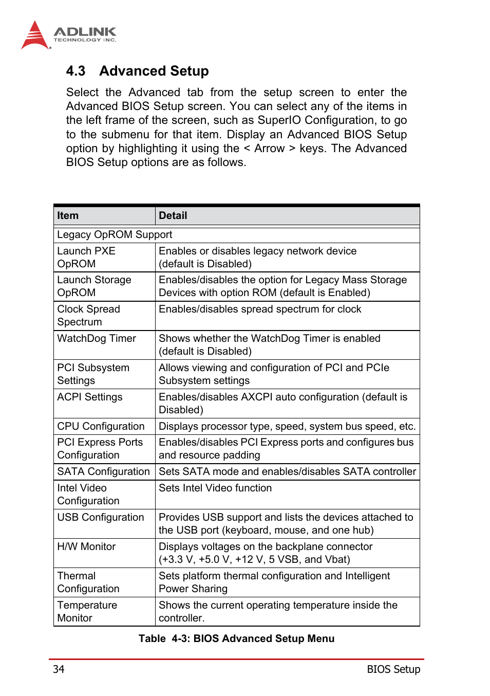 3 advanced setup, Advanced setup, Table 4-3: bios advanced setup menu | ADLINK PXIe-3975 User Manual | Page 46 / 72