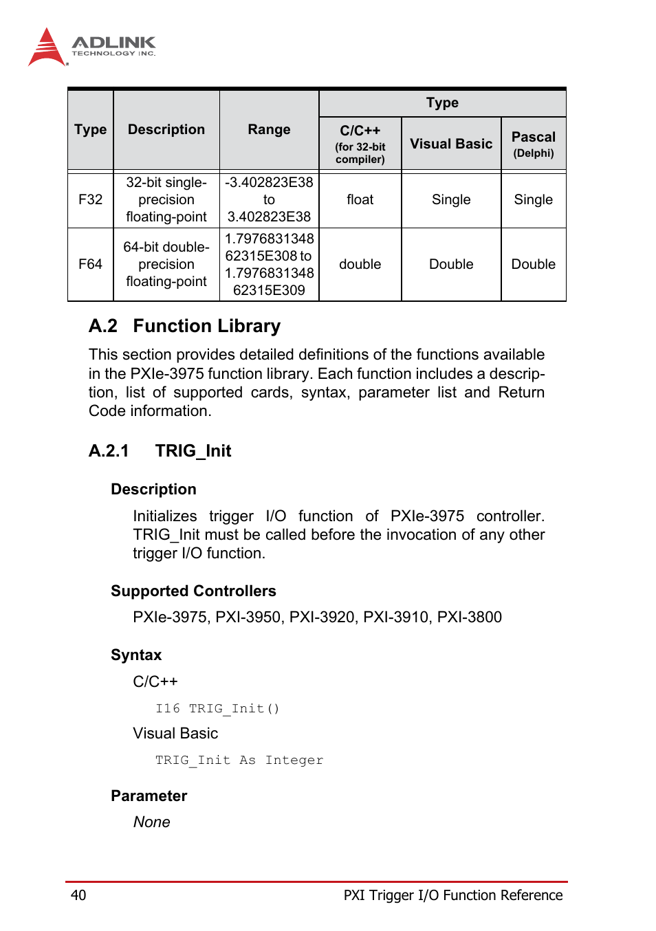 A.2 function library, A.2.1 trig_init, Function library | A.2.1, Trig_init | ADLINK PXIe-3975 User Manual | Page 52 / 72
