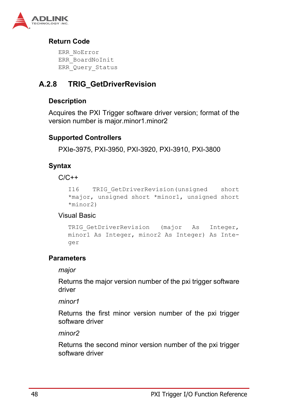 A.2.8 trig_getdriverrevision, A.2.8, Trig_getdriverrevision | ADLINK PXIe-3975 User Manual | Page 60 / 72