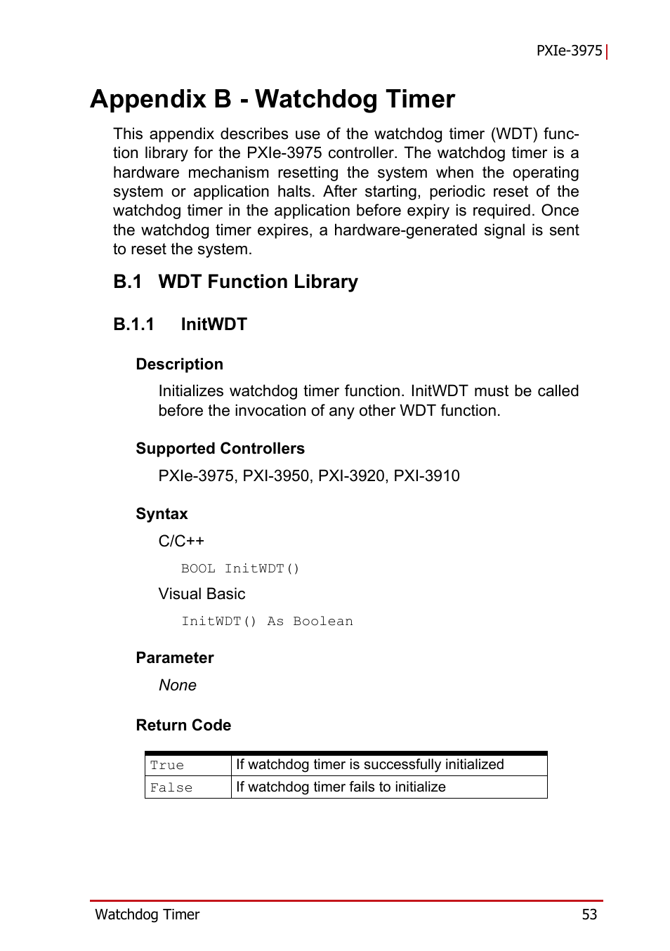 Appendix b - watchdog timer, B.1 wdt function library, B.1.1 initwdt | B appendix: watchdog timer, Wdt function library, B.1.1, Initwdt | ADLINK PXIe-3975 User Manual | Page 65 / 72