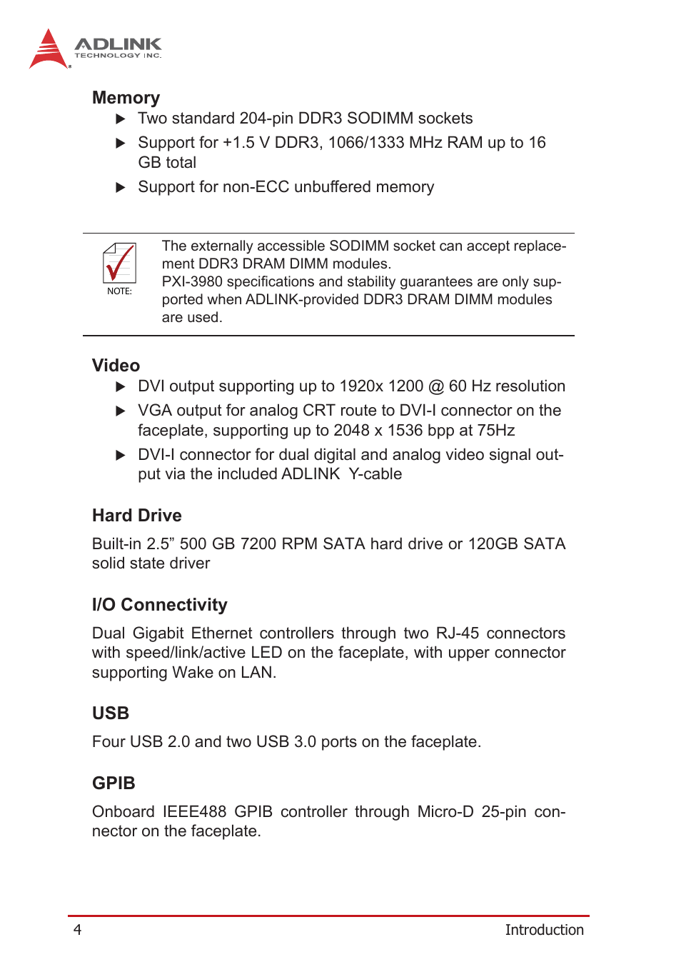 Memory, Video, Hard drive | I/o connectivity, Gpib | ADLINK PXI-3980 User Manual | Page 16 / 70