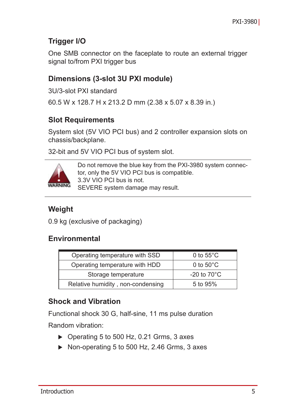 Trigger i/o, Dimensions (3-slot 3u pxi module), Slot requirements | Weight, Environmental, Shock and vibration | ADLINK PXI-3980 User Manual | Page 17 / 70