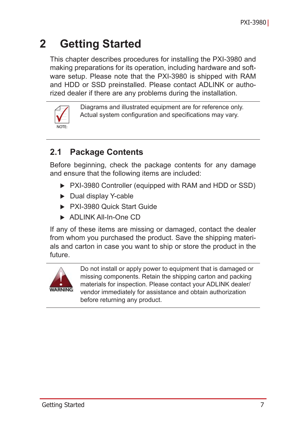 2 getting started, 1 package contents, Package contents | 2getting started | ADLINK PXI-3980 User Manual | Page 19 / 70