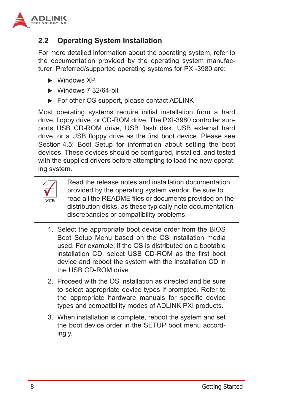 2 operating system installation, Operating system installation | ADLINK PXI-3980 User Manual | Page 20 / 70