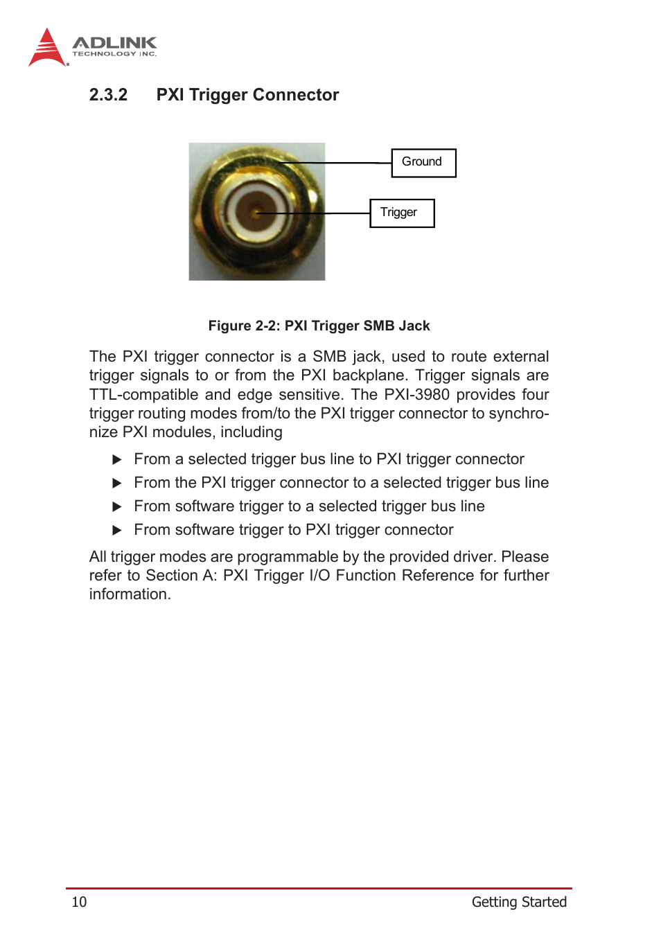 2 pxi trigger connector, Pxi trigger connector, Figure 2-2 | Pxi trigger smb jack | ADLINK PXI-3980 User Manual | Page 22 / 70