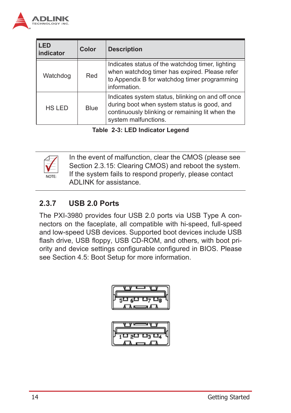 7 usb 2.0 ports, Usb 2.0 ports, Table 2-3: led indicator legend | ADLINK PXI-3980 User Manual | Page 26 / 70