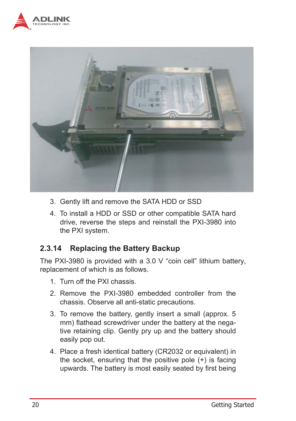 14 replacing the battery backup, Replacing the battery backup | ADLINK PXI-3980 User Manual | Page 32 / 70