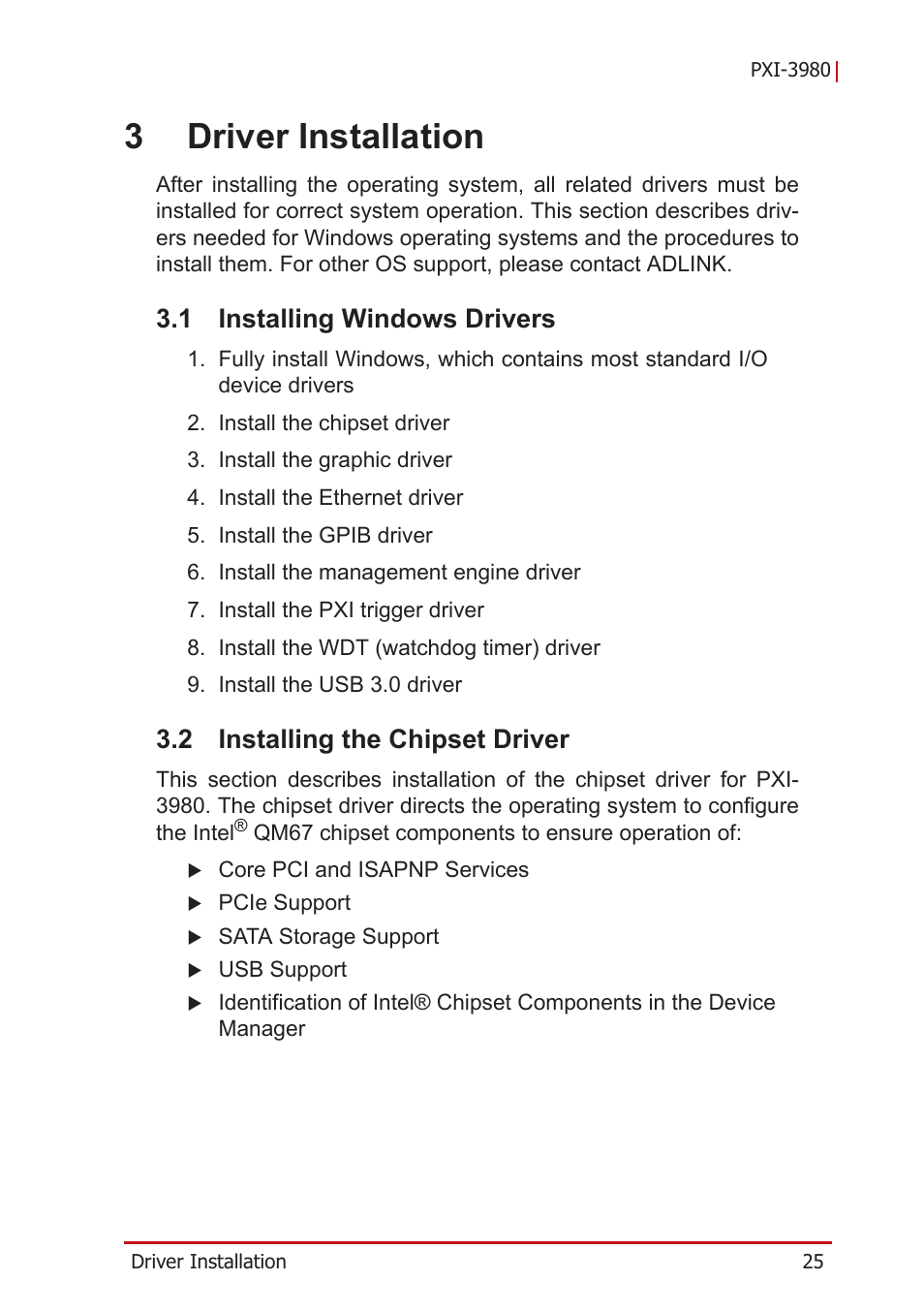 3 driver installation, 1 installing windows drivers, 2 installing the chipset driver | Installing windows drivers, Installing the chipset driver, 3driver installation | ADLINK PXI-3980 User Manual | Page 37 / 70