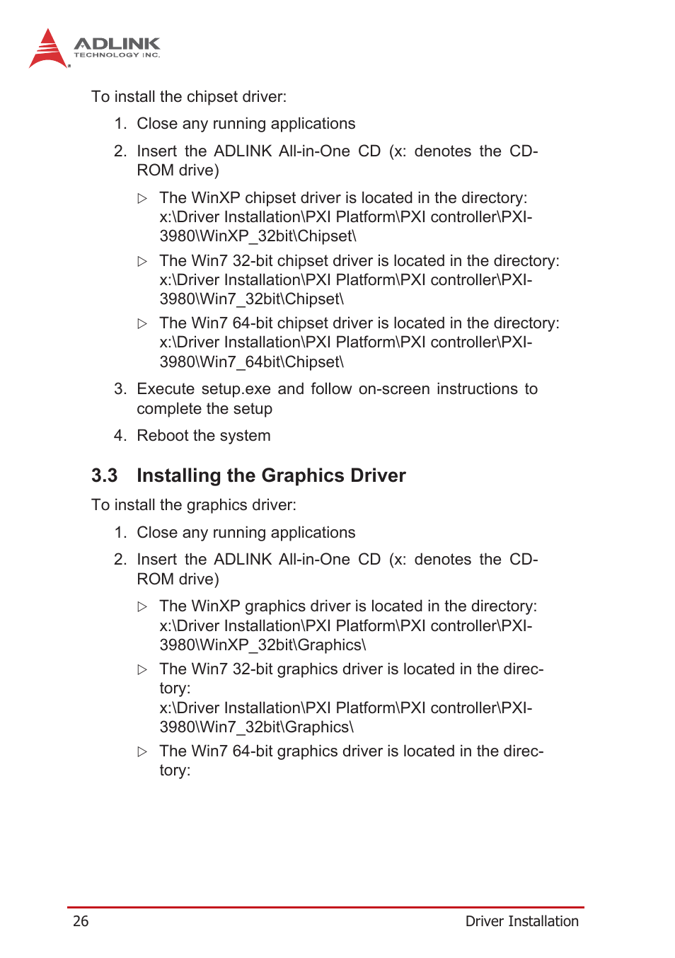 3 installing the graphics driver, Installing the graphics driver | ADLINK PXI-3980 User Manual | Page 38 / 70