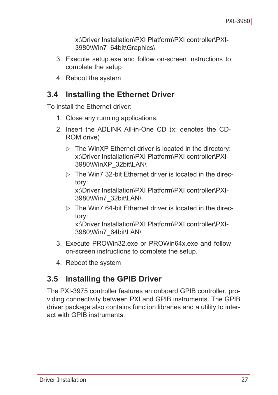 4 installing the ethernet driver, 5 installing the gpib driver, Installing the ethernet driver | Installing the gpib driver | ADLINK PXI-3980 User Manual | Page 39 / 70
