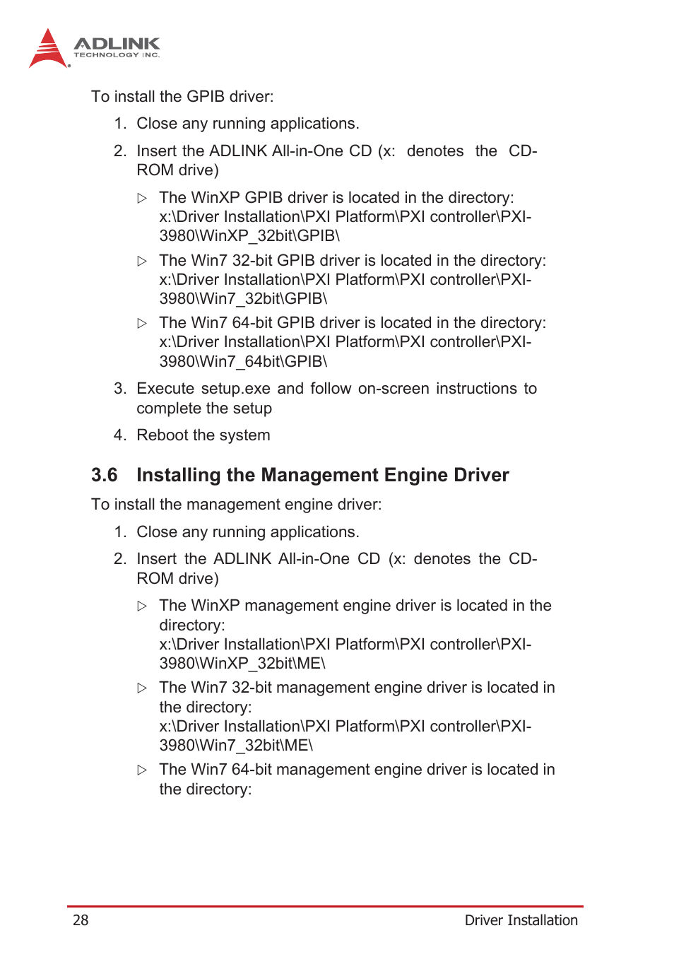 6 installing the management engine driver, Installing the management engine driver | ADLINK PXI-3980 User Manual | Page 40 / 70