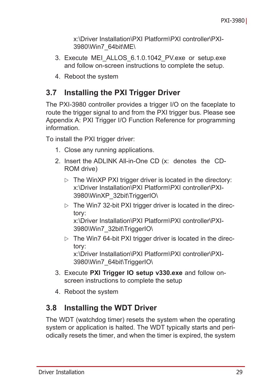 7 installing the pxi trigger driver, 8 installing the wdt driver, Installing the pxi trigger driver | Installing the wdt driver | ADLINK PXI-3980 User Manual | Page 41 / 70