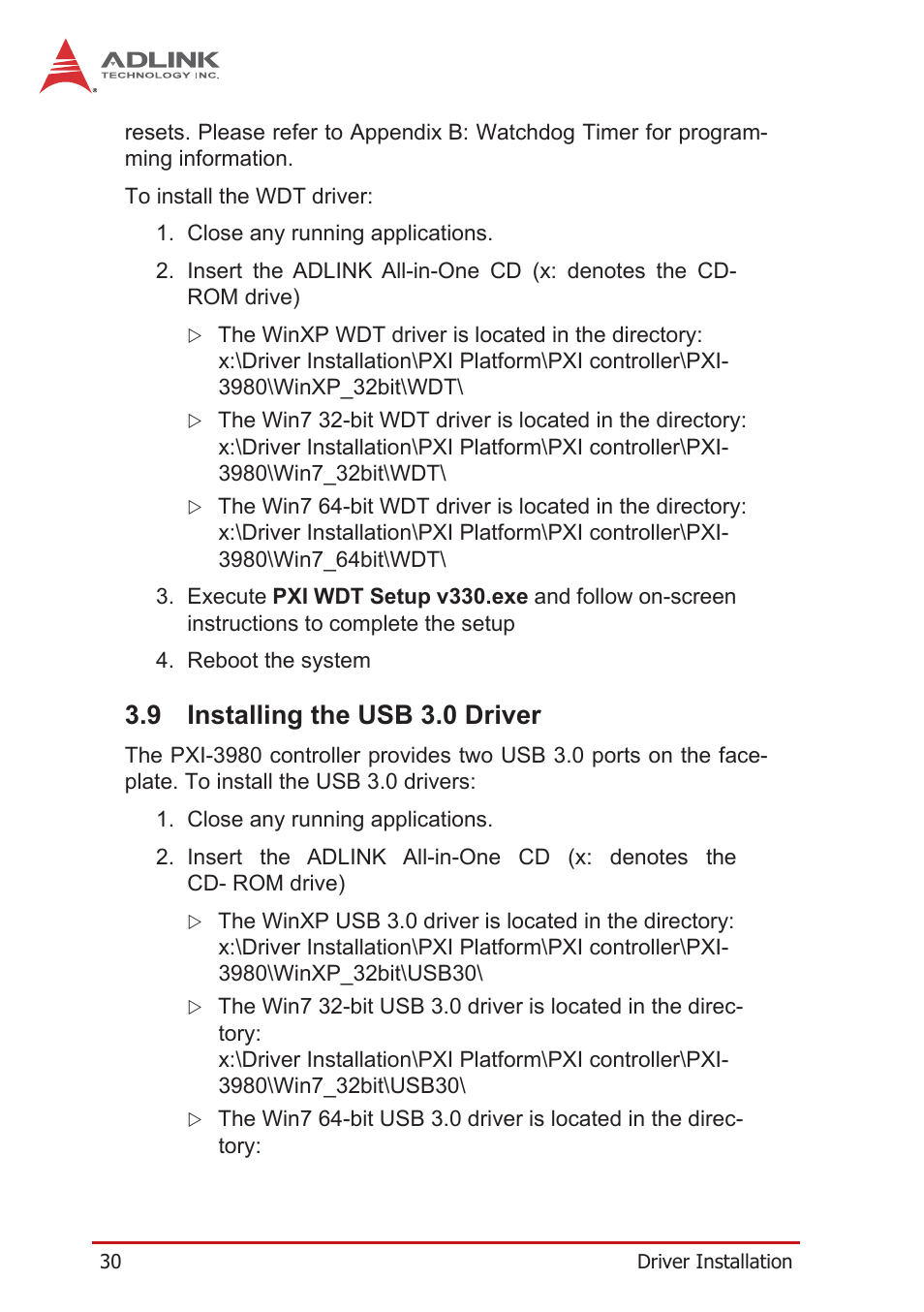 9 installing the usb 3.0 driver, Installing the usb 3.0 driver | ADLINK PXI-3980 User Manual | Page 42 / 70