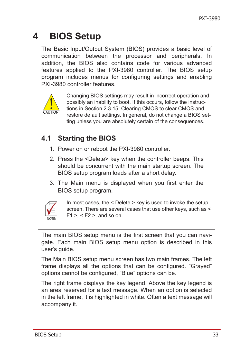 4 bios setup, 1 starting the bios, Starting the bios | 4bios setup | ADLINK PXI-3980 User Manual | Page 45 / 70