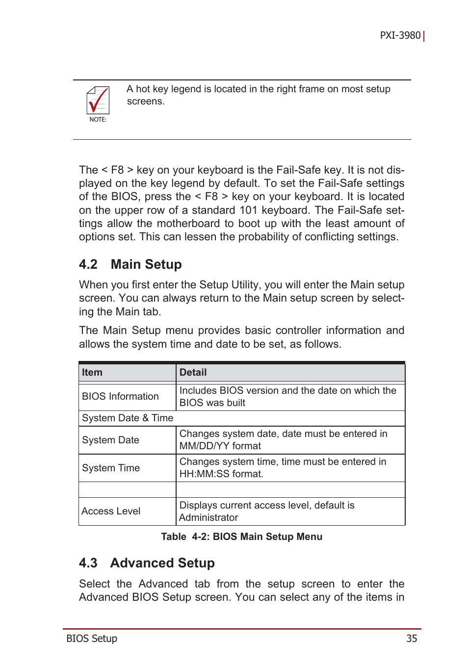 2 main setup, 3 advanced setup, Main setup | Advanced setup, Table 4-2: bios main setup menu | ADLINK PXI-3980 User Manual | Page 47 / 70