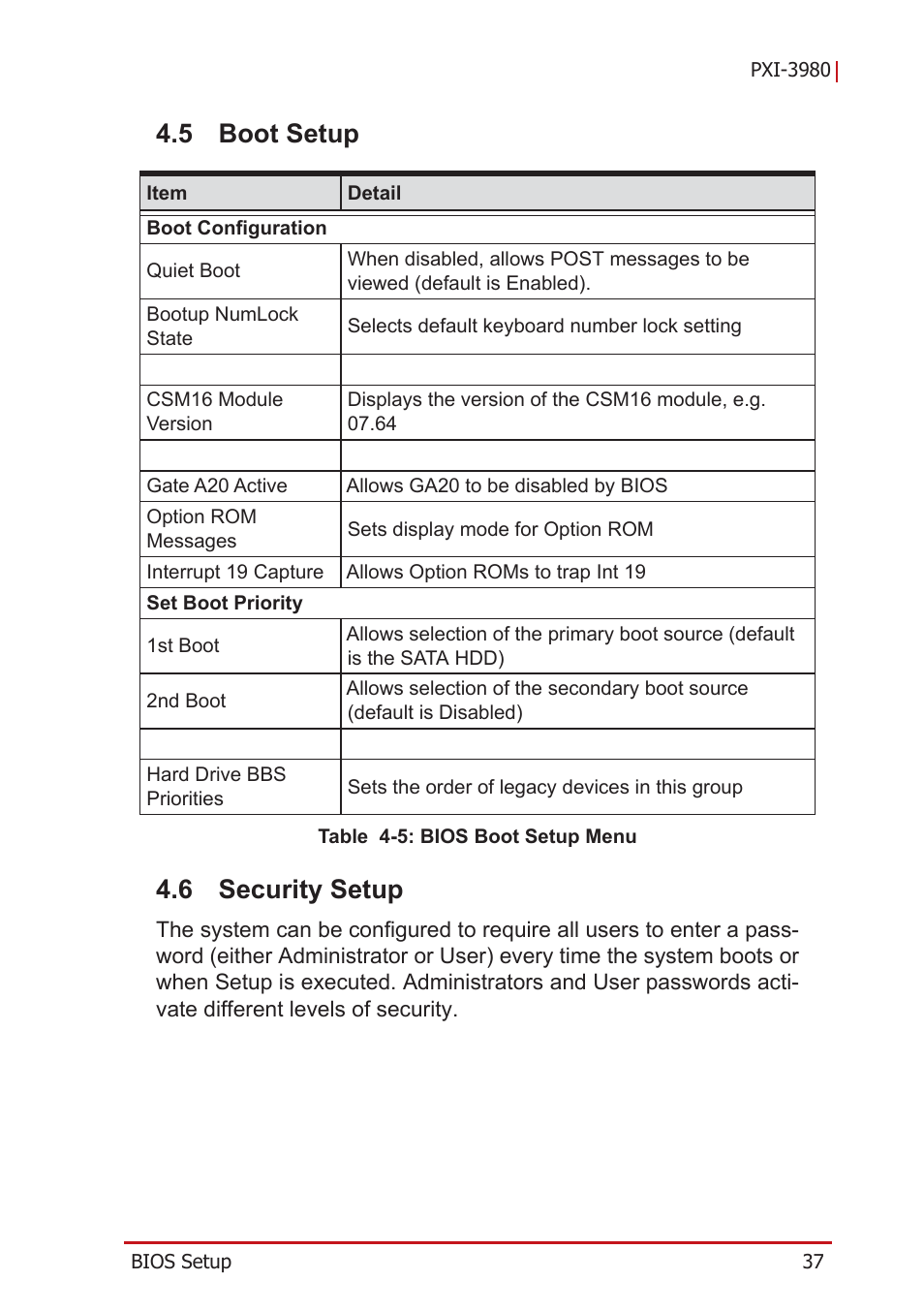 5 boot setup, 6 security setup, Boot setup | Security setup, Table 4-5: bios boot setup menu | ADLINK PXI-3980 User Manual | Page 49 / 70