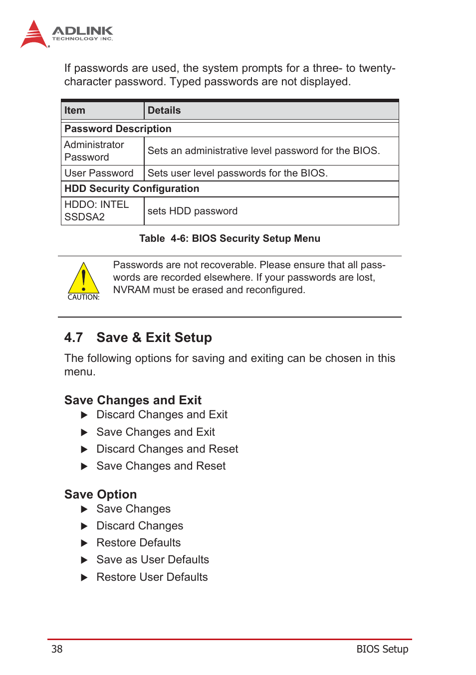 7 save & exit setup, Save changes and exit, Save option | Save & exit setup, Table 4-6: bios security setup menu | ADLINK PXI-3980 User Manual | Page 50 / 70