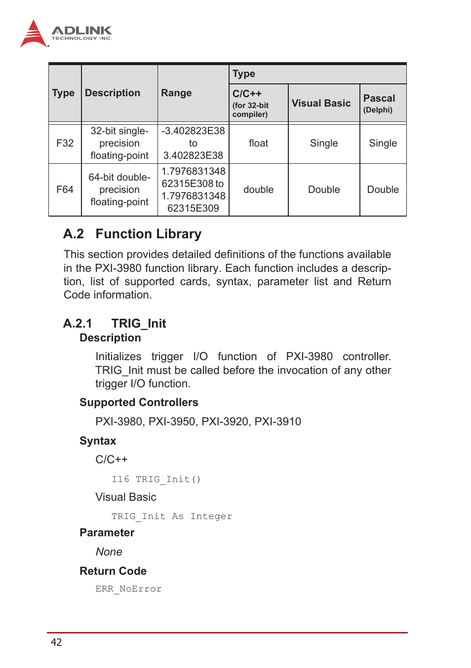 A.2 function library, A.2.1 trig_init, Function library | A.2.1, Trig_init | ADLINK PXI-3980 User Manual | Page 54 / 70