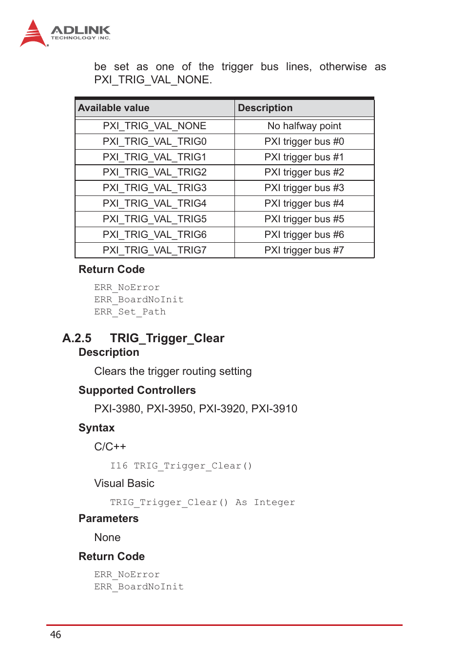 A.2.5 trig_trigger_clear, A.2.5, Trig_trigger_clear | ADLINK PXI-3980 User Manual | Page 58 / 70