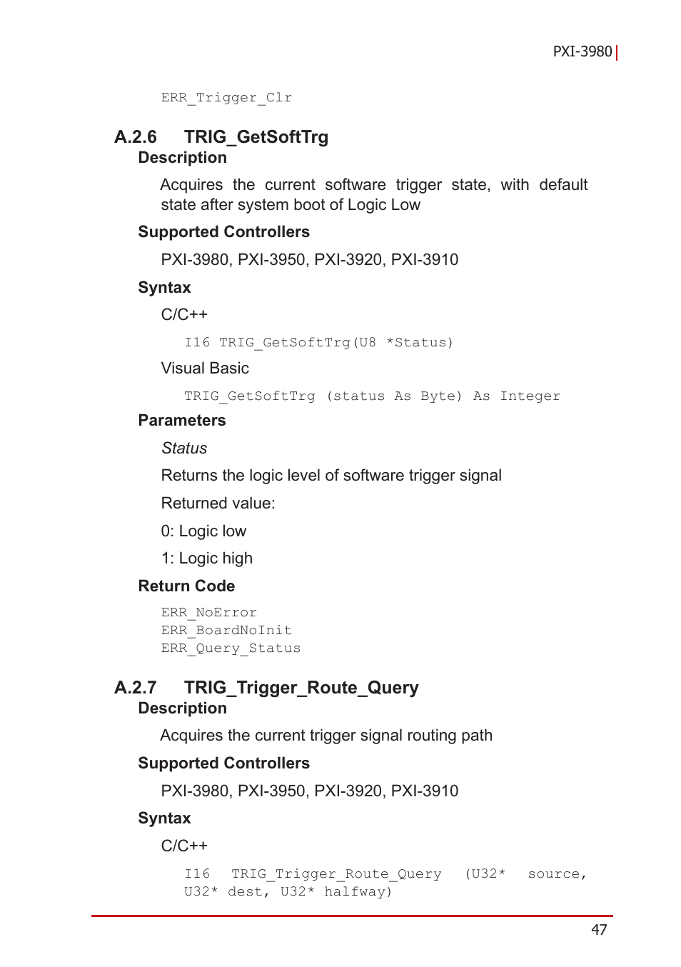 A.2.6 trig_getsofttrg, A.2.7 trig_trigger_route_query, A.2.6 | Trig_getsofttrg, A.2.7, Trig_trigger_route_query | ADLINK PXI-3980 User Manual | Page 59 / 70