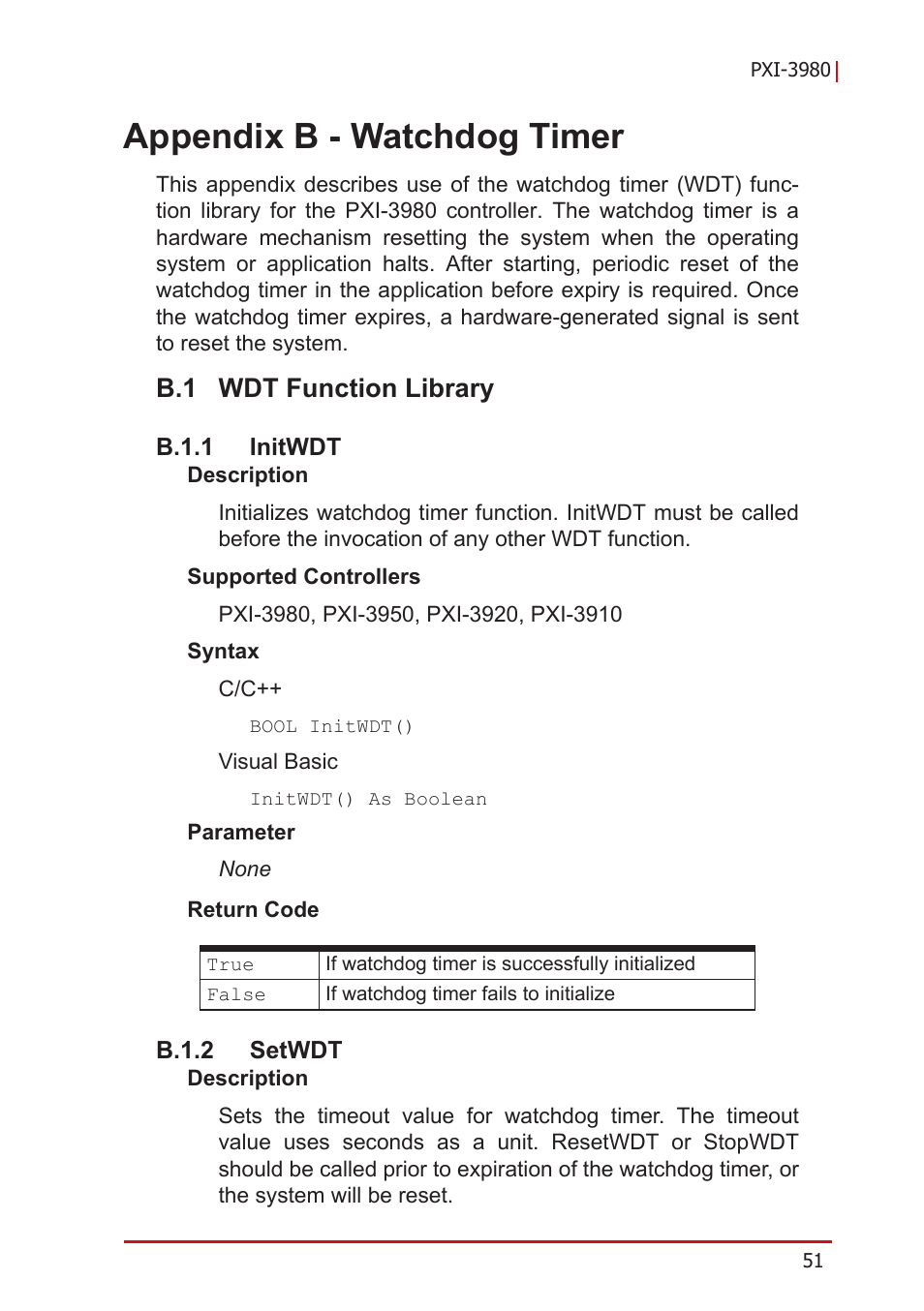 Appendix b - watchdog timer, B.1 wdt function library, B.1.1 initwdt | B.1.2 setwdt, B appendix: watchdog timer, Wdt function library, B.1.1, Initwdt, B.1.2, Setwdt | ADLINK PXI-3980 User Manual | Page 63 / 70