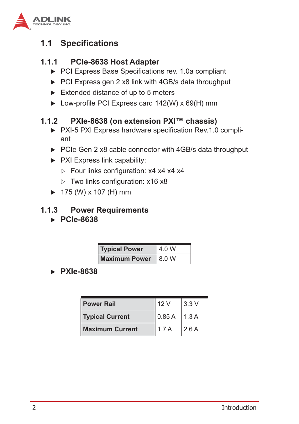 1 specifications, 1 pcie-8638 host adapter, 2 pxie-8638 (on extension pxi™ chassis) | 3 power requirements, Specifications, Pcie-8638 host adapter, Pxie-8638 (on extension pxi™ chassis), Power requirements | ADLINK PCIe-PXIe-8638 User Manual | Page 12 / 32