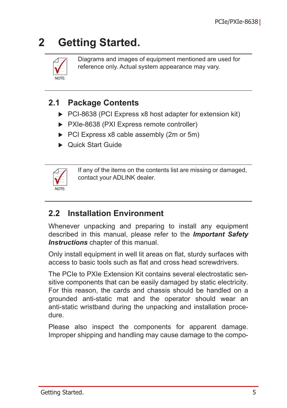 2 getting started, 1 package contents, 2 installation environment | Package contents, Installation environment, 2getting started | ADLINK PCIe-PXIe-8638 User Manual | Page 15 / 32