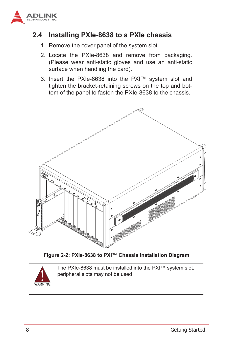 4 installing pxie-8638 to a pxie chassis, Installing pxie-8638 to a pxie chassis | ADLINK PCIe-PXIe-8638 User Manual | Page 18 / 32