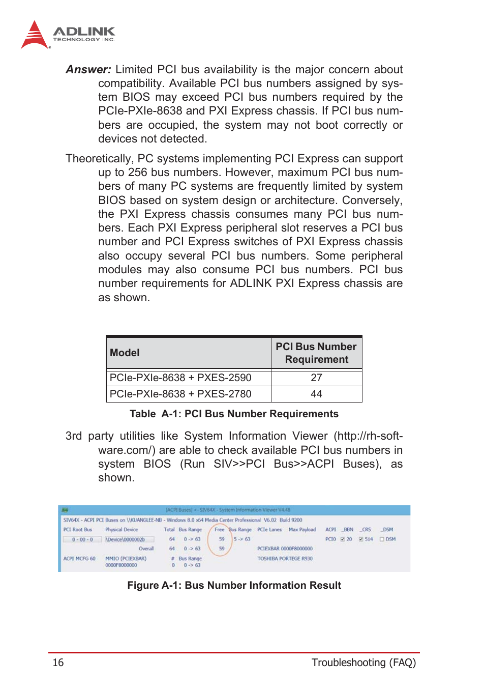 Figure a-1: bus number information result, Table a-1: pci bus number requirements | ADLINK PCIe-PXIe-8638 User Manual | Page 26 / 32