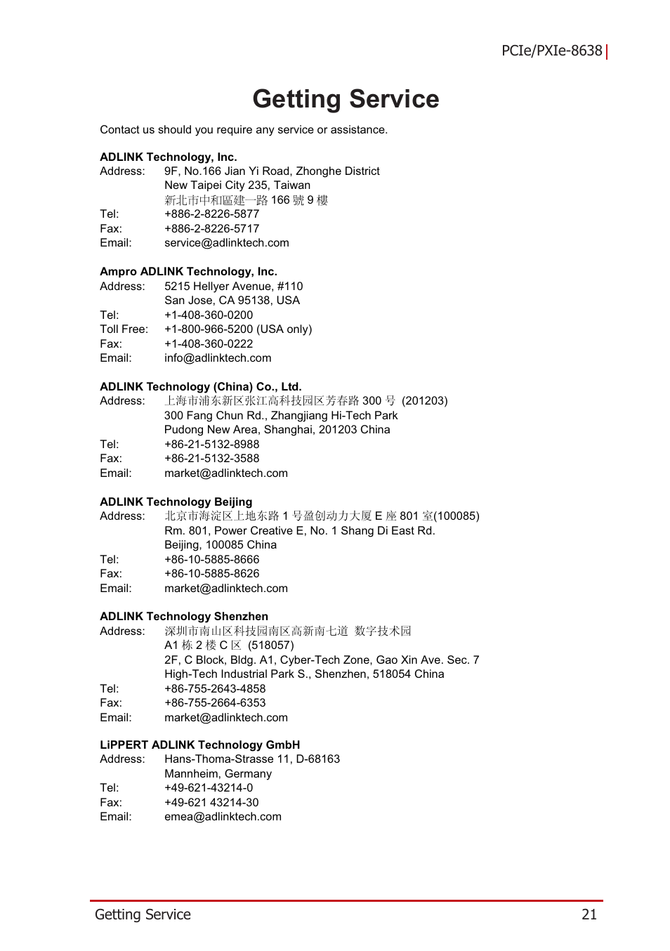 Getting service | ADLINK PCIe-PXIe-8638 User Manual | Page 31 / 32