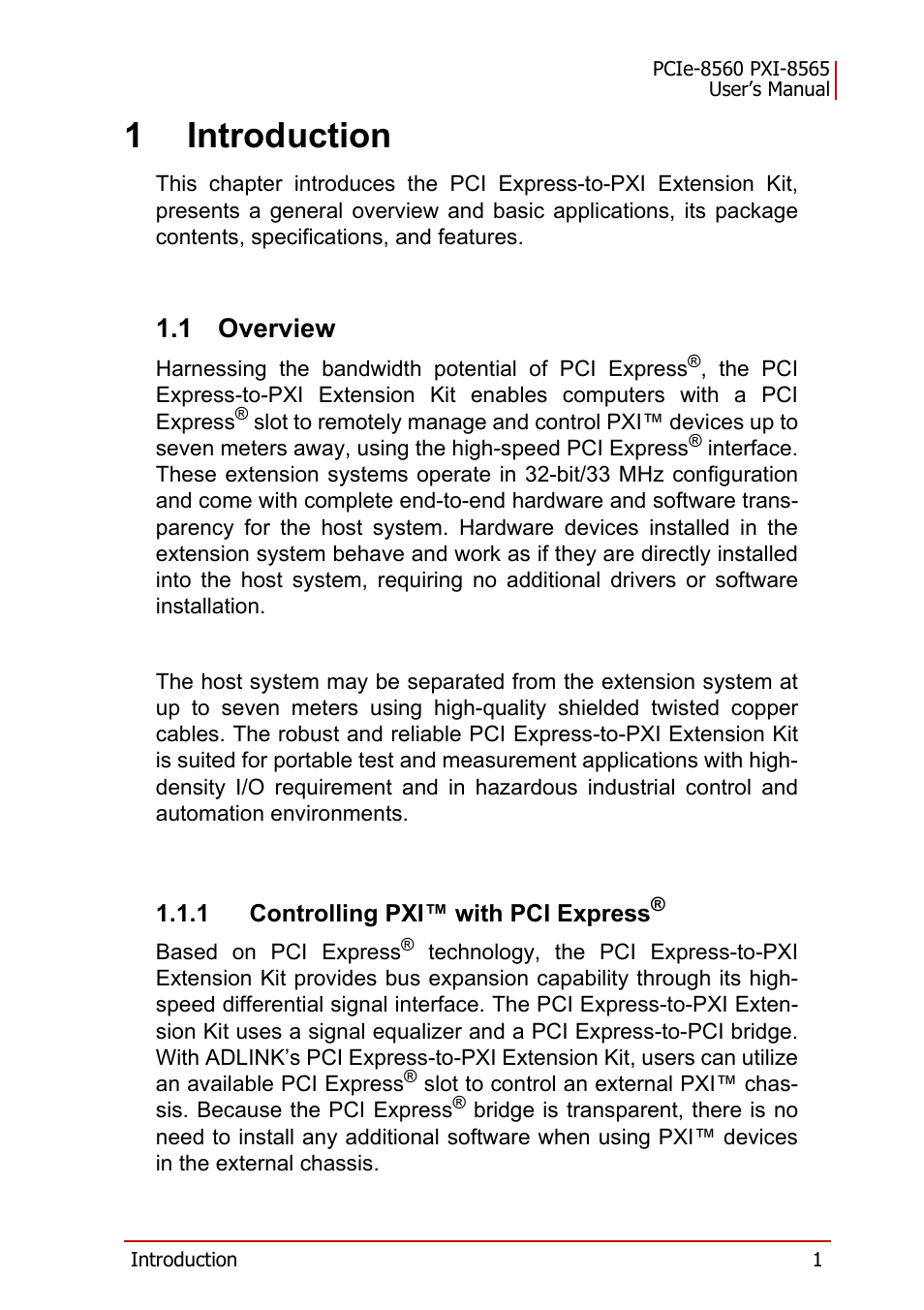 1 introduction, 1 overview, 1 controlling pxi™ with pci express | Overview, 1introduction | ADLINK PXI-8565 User Manual | Page 15 / 46