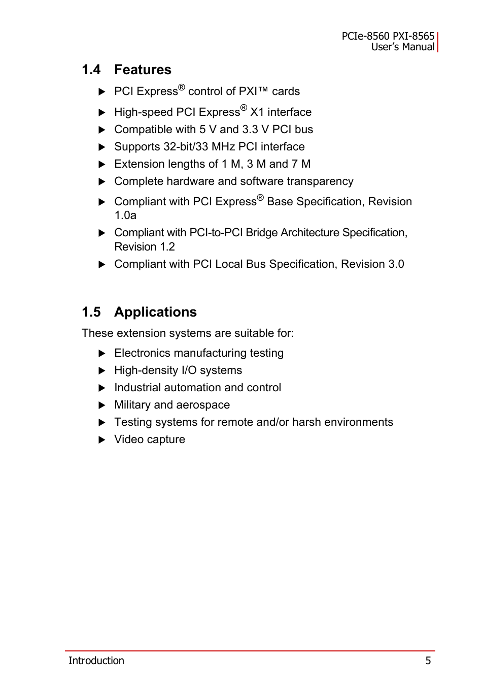 4 features, 5 applications, Features | Applications | ADLINK PXI-8565 User Manual | Page 19 / 46