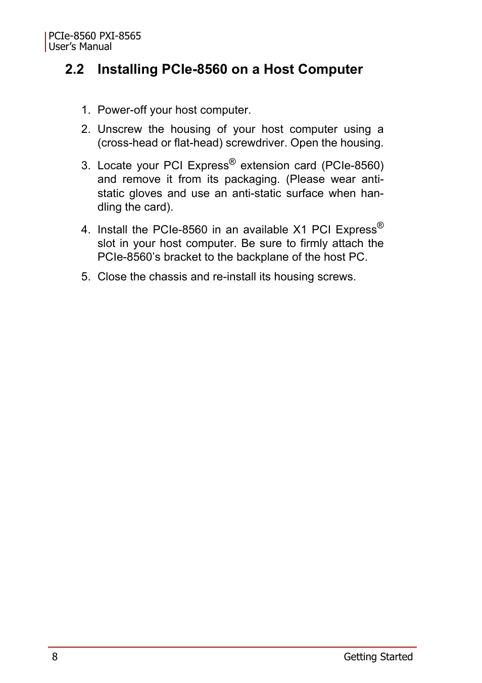 2 installing pcie-8560 on a host computer, Installing pcie-8560 on a host computer | ADLINK PXI-8565 User Manual | Page 22 / 46