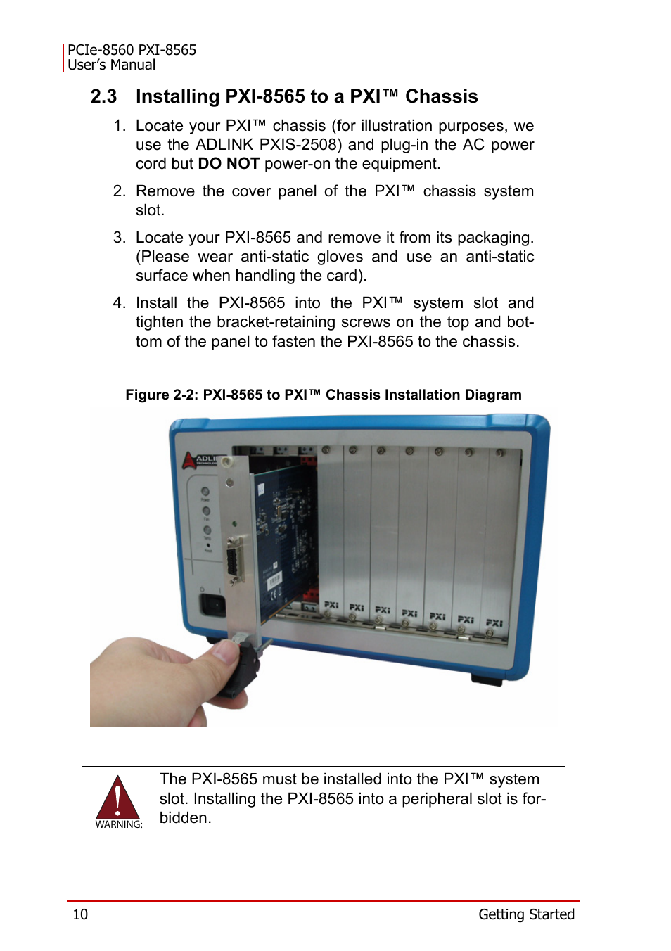 3 installing pxi-8565 to a pxi™ chassis, Installing pxi-8565 to a pxi™ chassis | ADLINK PXI-8565 User Manual | Page 24 / 46