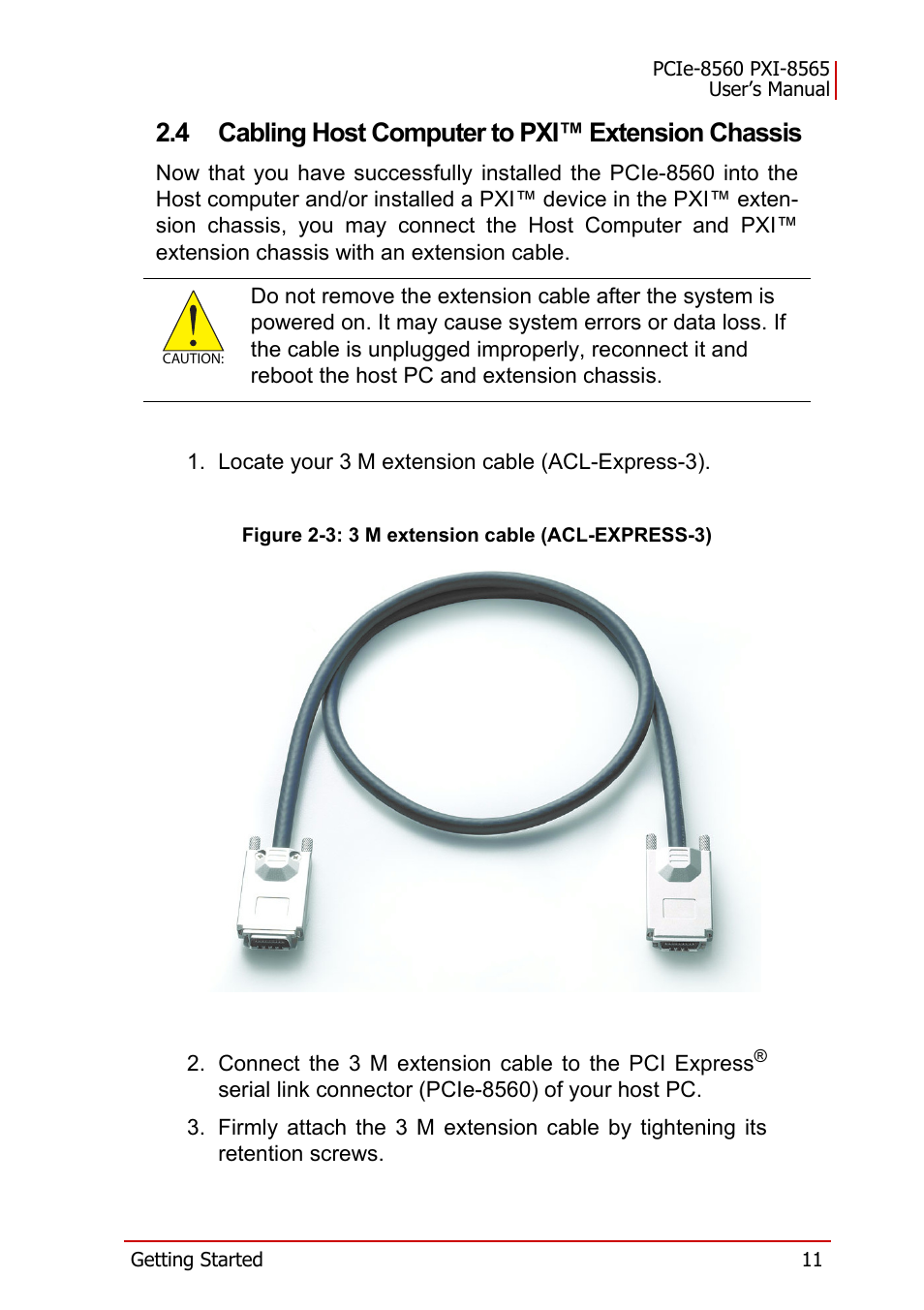4 cabling host computer to pxi™ extension chassis, Figure 2-3: 3 m extension cable (acl-express-3), Cabling host computer to pxi™ extension chassis | ADLINK PXI-8565 User Manual | Page 25 / 46