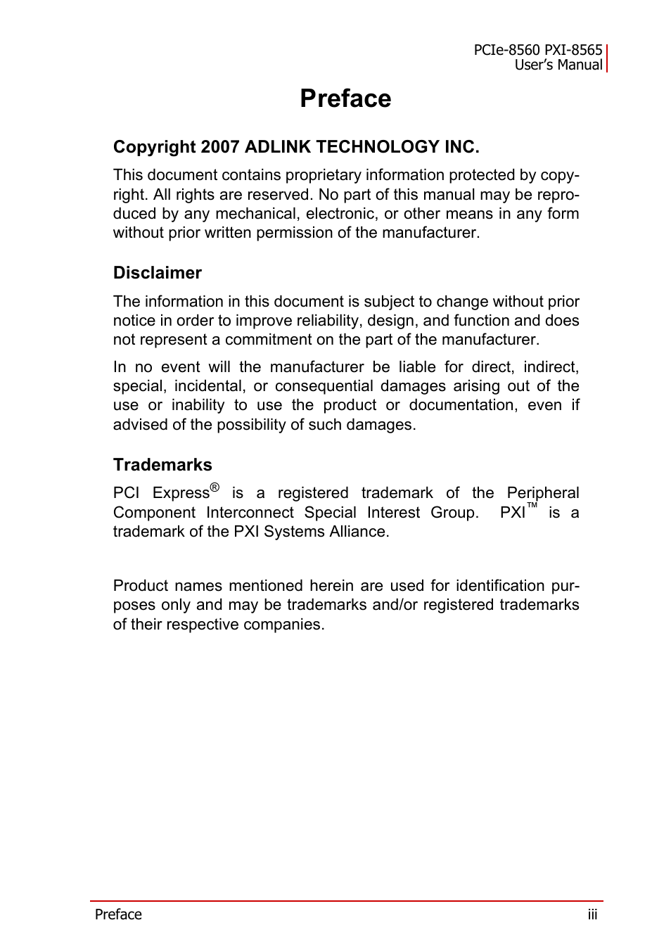 Preface, Copyright 2007 adlink technology inc, Disclaimer | Trademarks | ADLINK PXI-8565 User Manual | Page 3 / 46