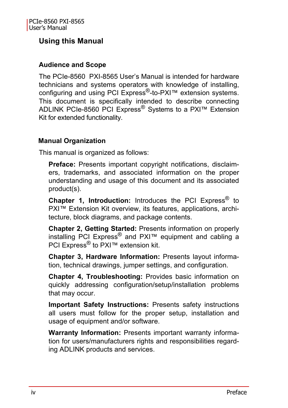 Using this manual | ADLINK PXI-8565 User Manual | Page 4 / 46