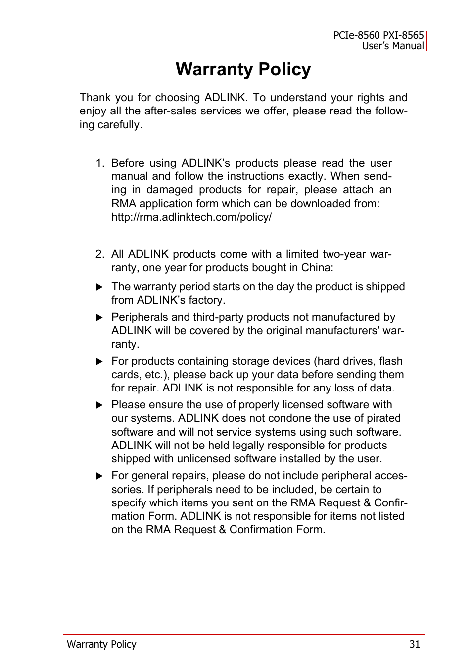 Warranty policy | ADLINK PXI-8565 User Manual | Page 45 / 46