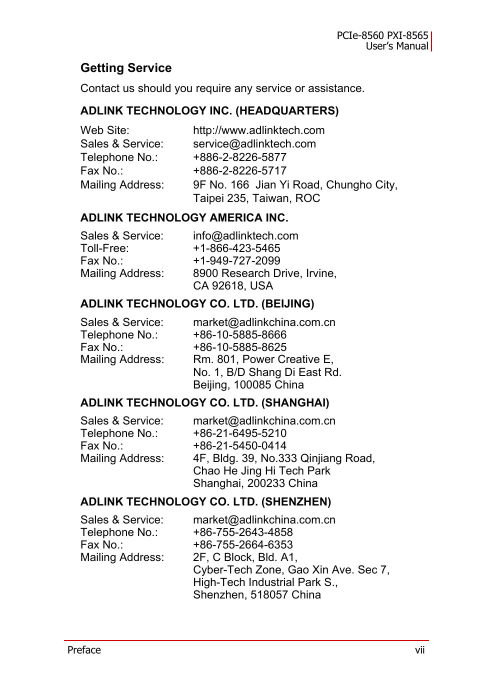 Getting service | ADLINK PXI-8565 User Manual | Page 7 / 46