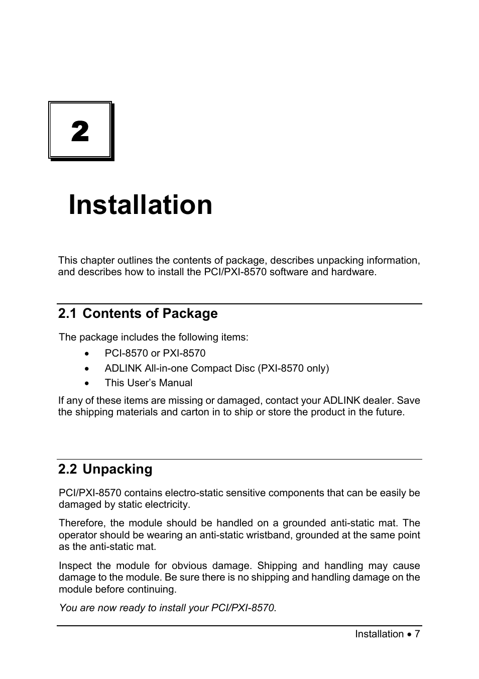 2installation, 1 contents of package, 2 unpacking | ADLINK PXI-8570 User Manual | Page 11 / 23