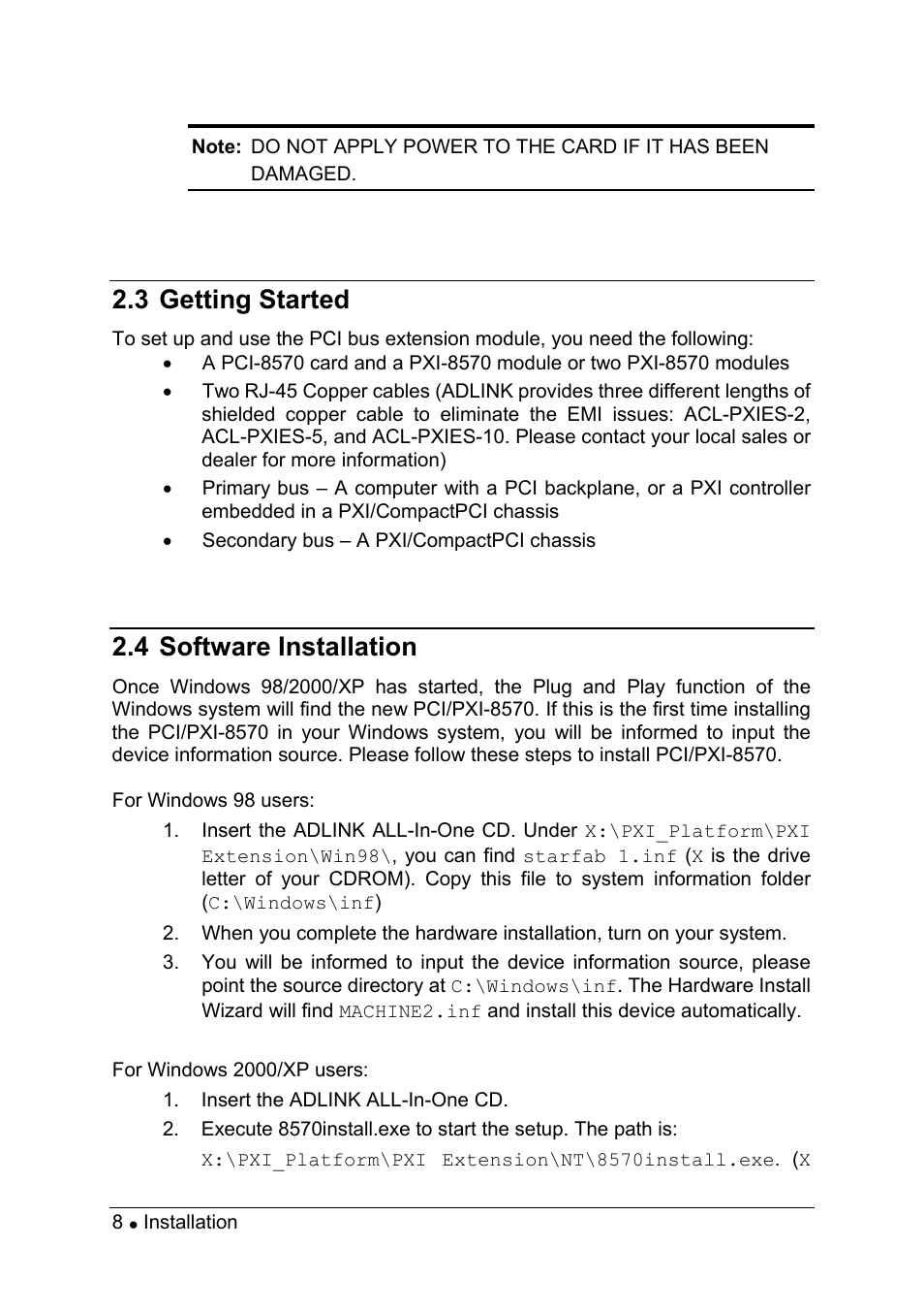 3 getting started, 4 software installation | ADLINK PXI-8570 User Manual | Page 12 / 23